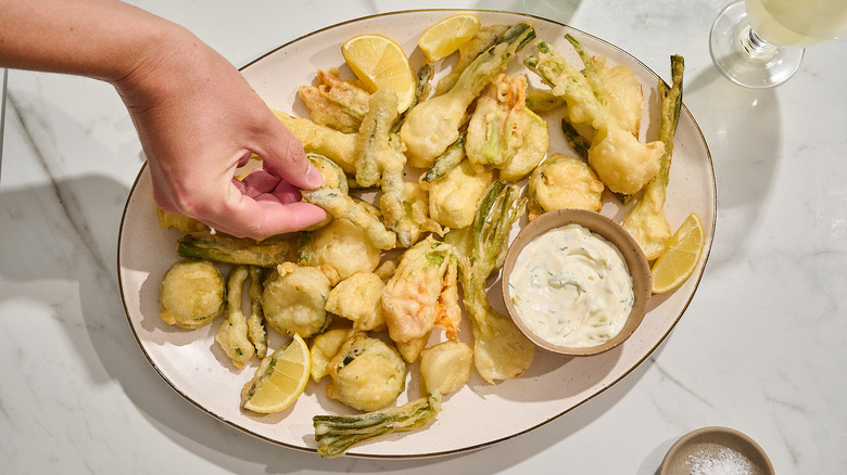 beer battered vegetables on a platter