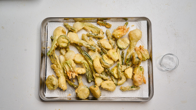 draining fried vegetables on paper towels