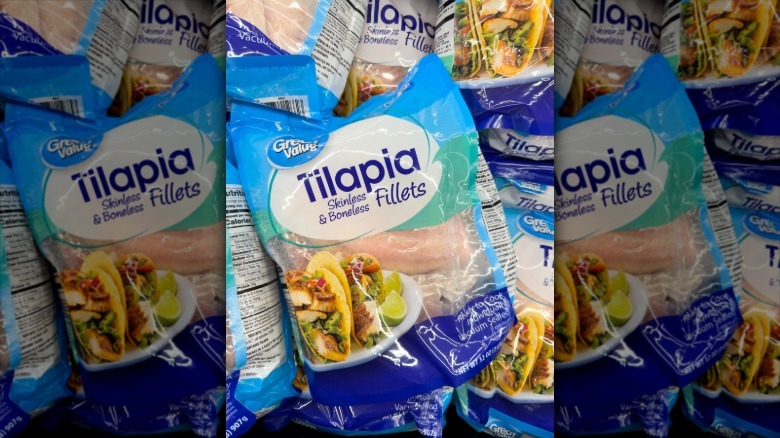 Closeup of Walmart Great Value brand packaged tilapia fillets