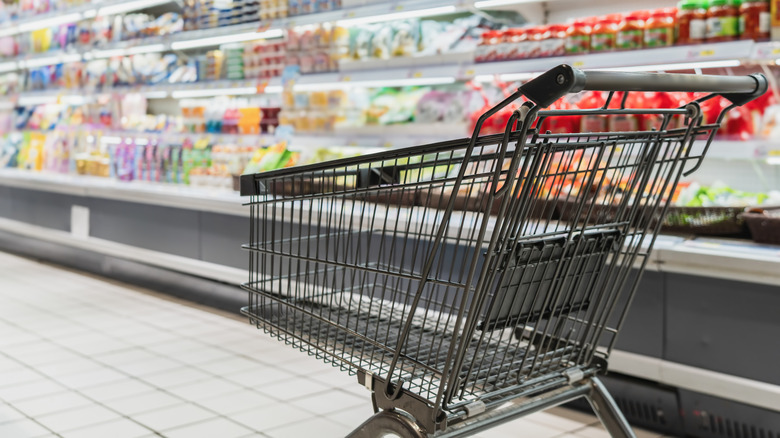 empty shopping cart is in a refrigerated grocery aisle.