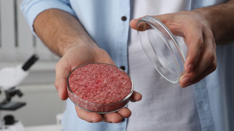 scientist displaying meat in dish