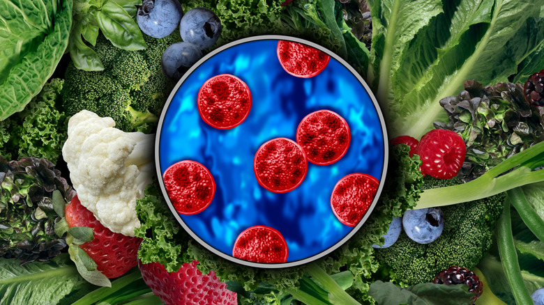 Close up on Cyclospora parasites against a background of fresh produce