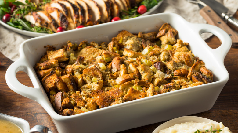 Dish of stuffing on Thanksgiving table