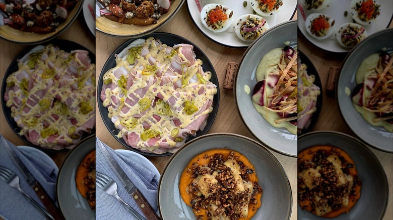 Top view of a selection of dishes from May Day at Winooski Vermont