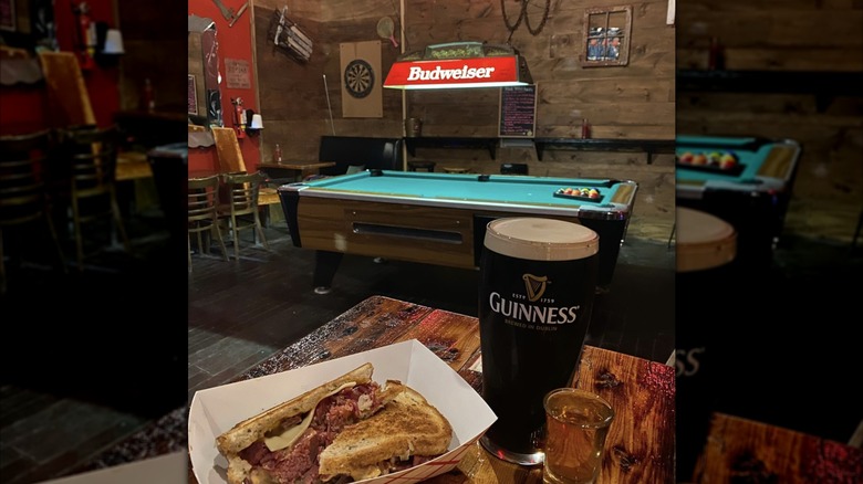Brooklyn Ice House pool table, Guinness, shot, and a sandwich