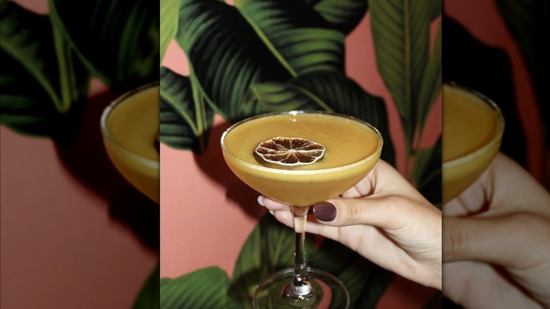 Hand holding orange cocktail martini glass