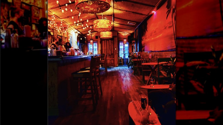 Interior of Zombie Hut bar with red lights