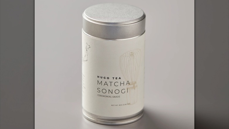 Cannister of matcha SONOGI with illustration of whisk on label