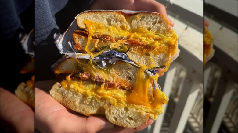 Hands holding The Works sandwich on an everything bagel, sliced in half