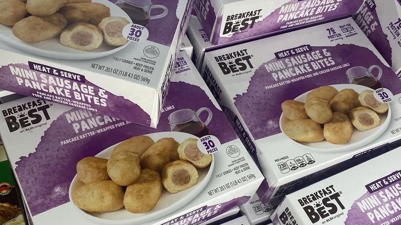 boxes Breakfast Best Mini Sausage & Pancake Bites in Aldi freezer