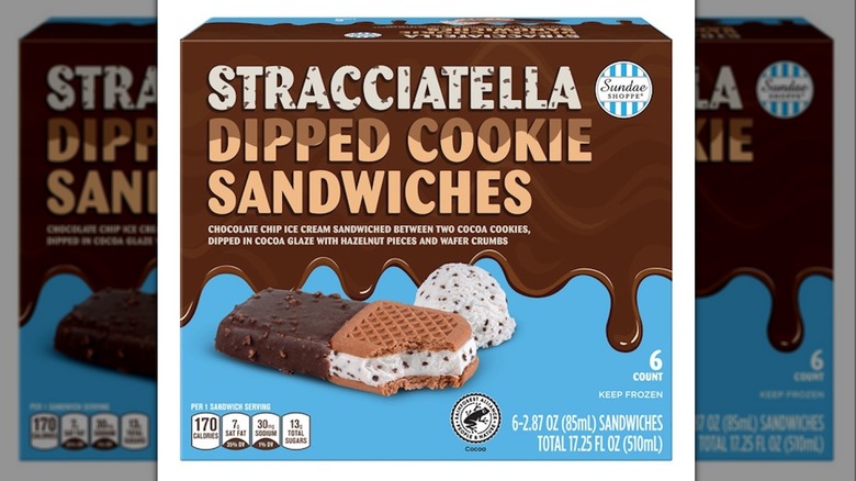 box of Sundae Shoppe Stracciatella Ice Cream Sandwiches on white background
