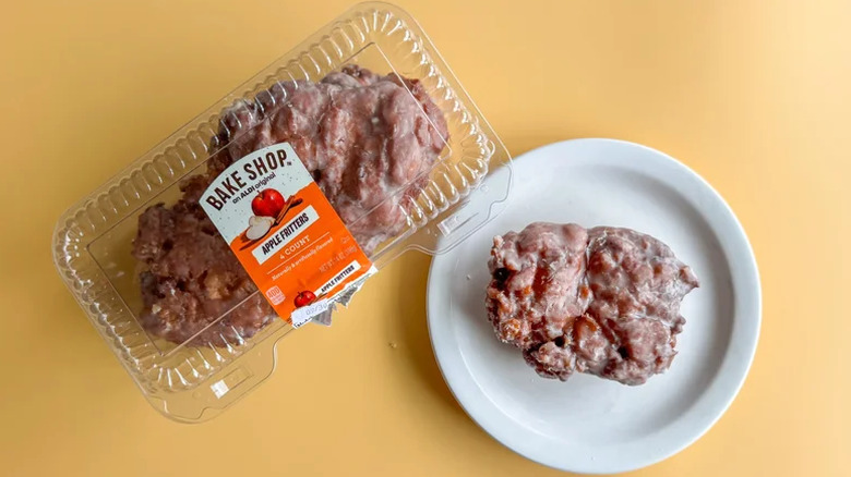 Aldi Apple Fritters on yellow background
