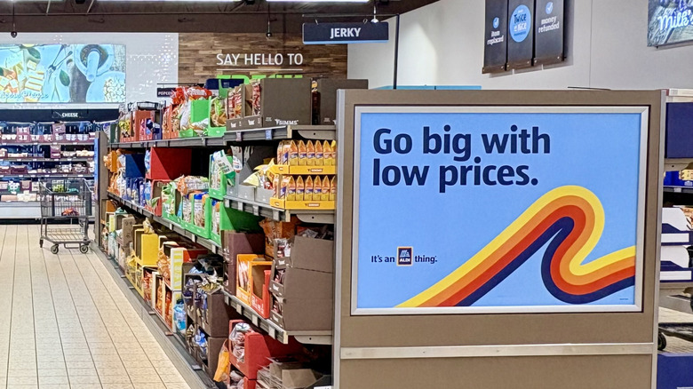 Snack aisle at Aldi with signage