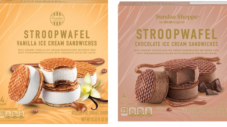Two boxes of Sundae Shoppe stroopwafel ice cream sandwiches in vanilla and chocolate