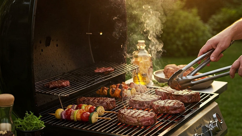person grilling assorted meats