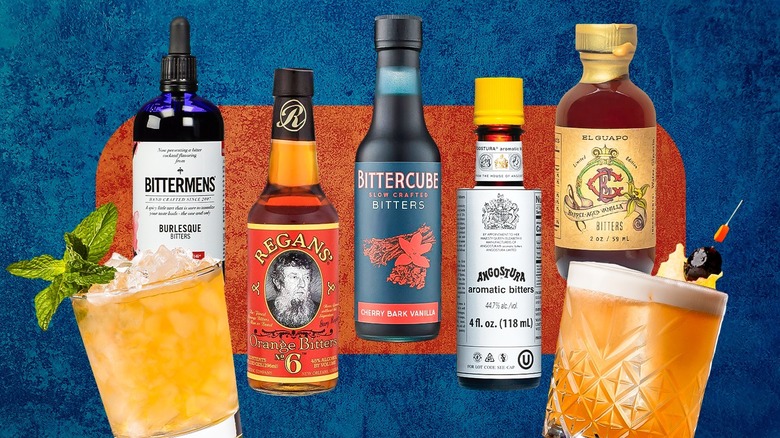 Assorted cocktail bitters and bourbon cocktails