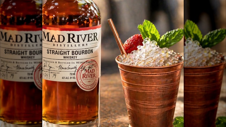 Bottle of Mad River bourbon with copper mug cocktail