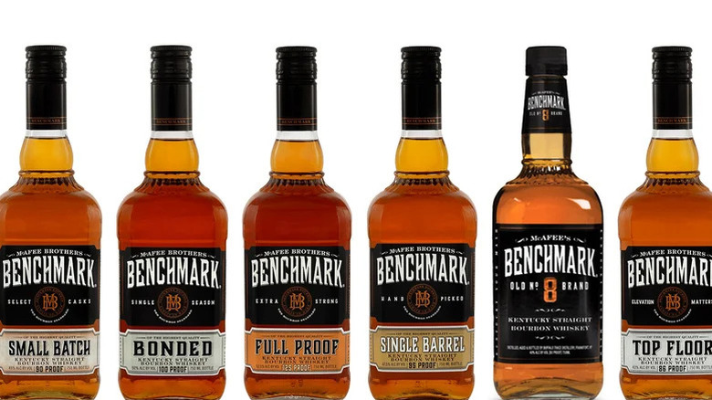 Benchmark bourbon bottles lineup against a white background