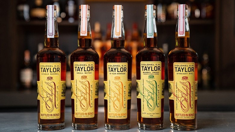 Taylor bourbon bottles lineup on a bar