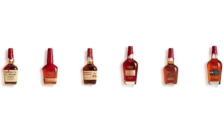 Maker's Mark bourbon bottles lineup against a white background