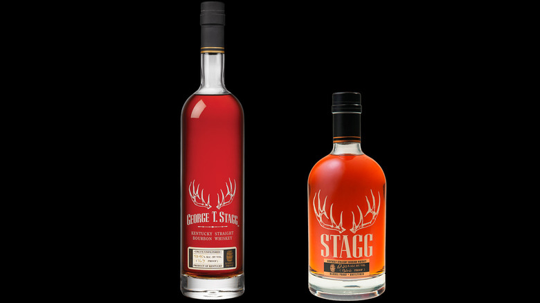 Stagg bourbon bottles against a black background