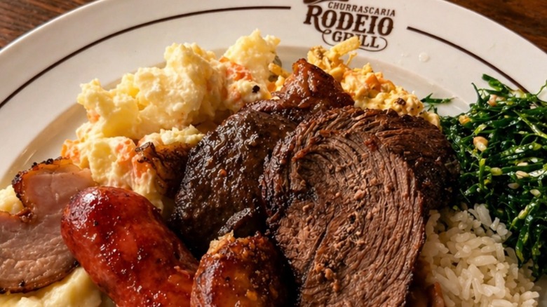 Meats and sides on a Rodeio Grill Churrascaria branded plate