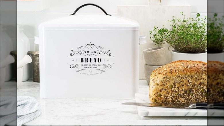Bale Maison Extra Large White Farmhouse Bread Box on countertop with bread and herbs