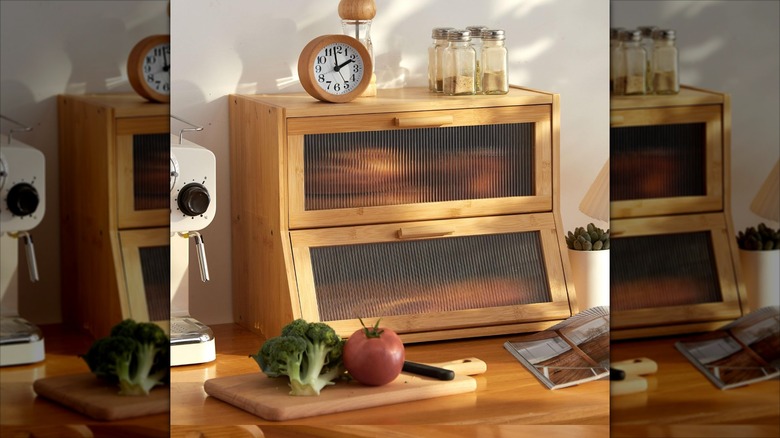 GHWIE Double-Layer Bamboo Bread Box on a countertop with items on top and around it