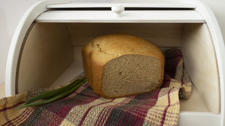 White roll-top bread box with fresh bread inside on a dish cloth