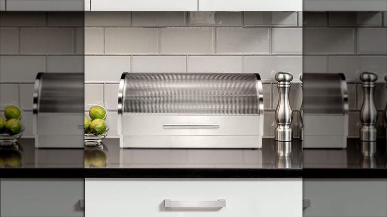 Oggi Stainless Steel Roll Top Bread Box on countertop without bread inside