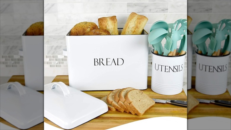 Outshine Farmhouse Bread Box open on countertop with bread inside