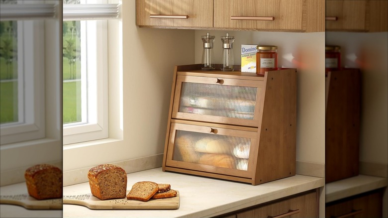 Viewcare Bread Box in corner of countertop filled with bread and with items on top