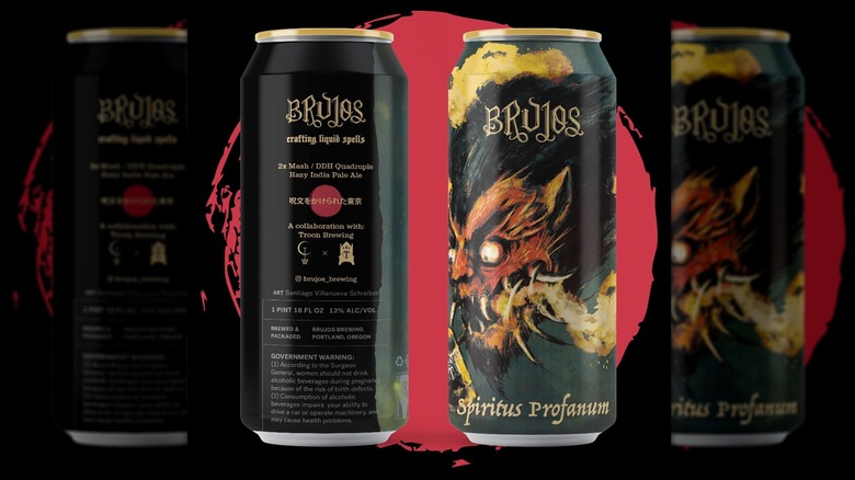 Label and front of can of Brujos hazy IPA