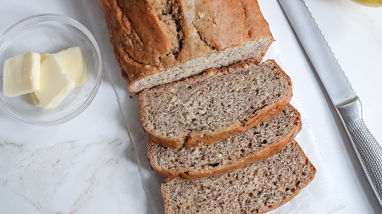 sliced banana bread on counter