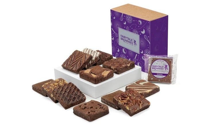 Display of brownies with several flavors in front of box