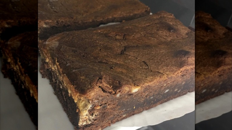Close up of brownies cut into rectangles