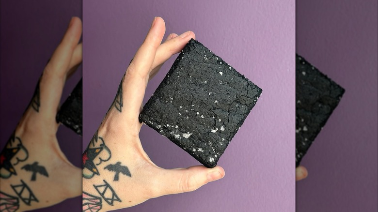 Hand holding cocoa brownie cut into perfect square and topped with salt