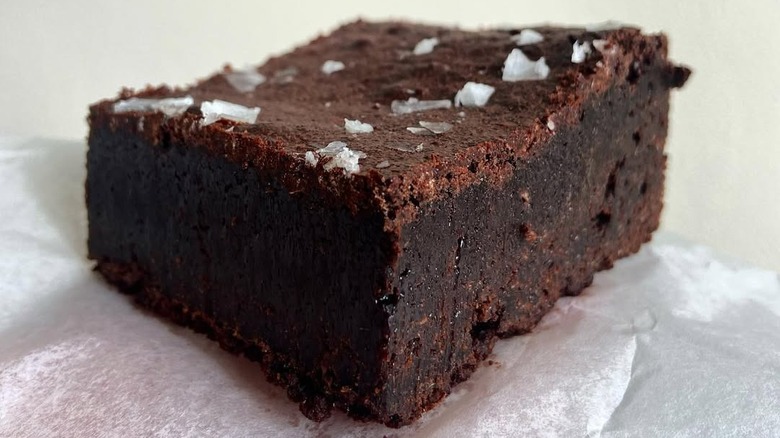 Close up of rye brownie with salt flakes on top
