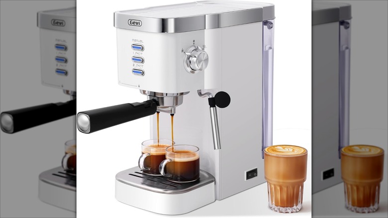 Gevi espresso machine pulling double shots with latte in glass on the side