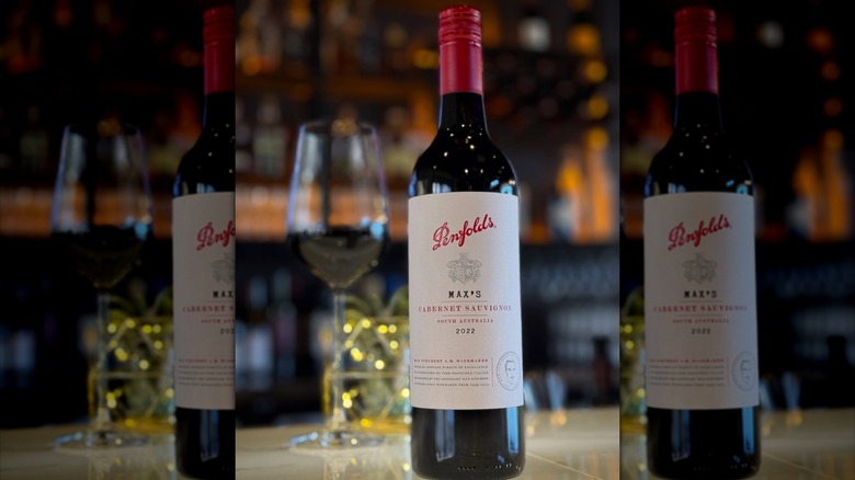 Bottle of Penfolds Max's Cabernet Sauvignon next to a glass