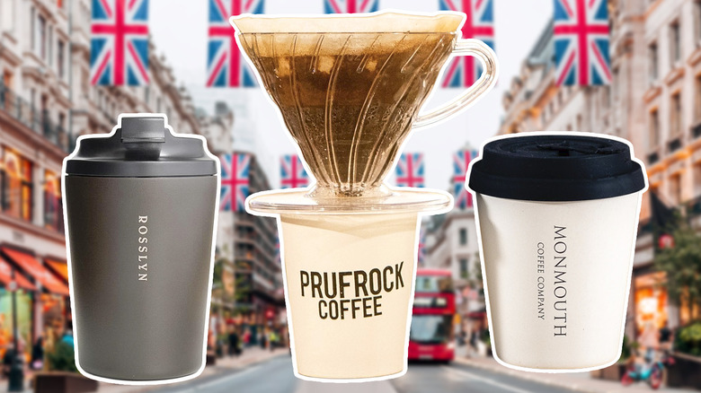 Coffee cups from Rosslyn, Prufrock Coffee and Monmouth Coffee Company against a London street
