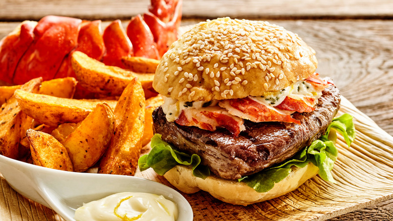 surf and turf burger with lobster and fries