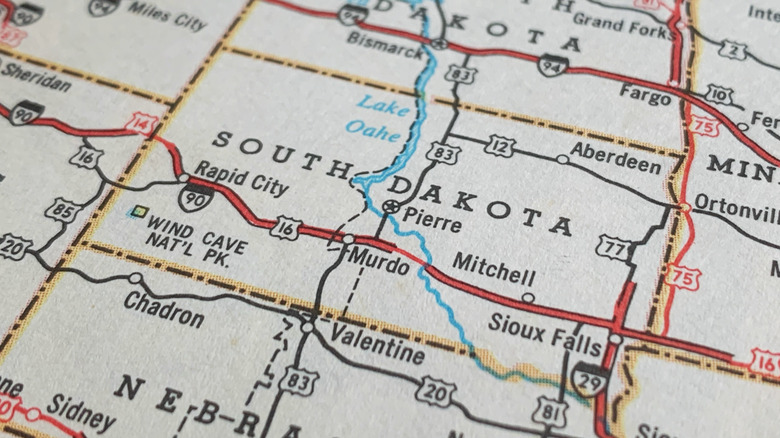 South Dakota on a road atlas