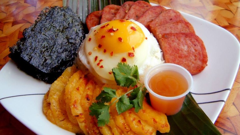 Breakfast plate with eggs, Spam, and sauce