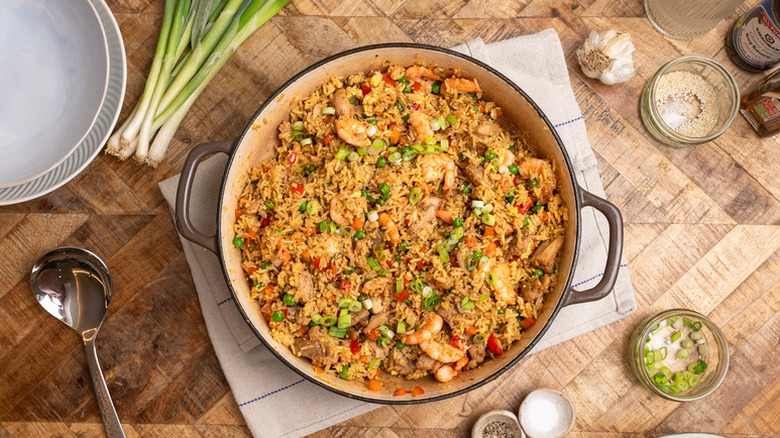 Chicken and shrimp fried rice in casserole pot
