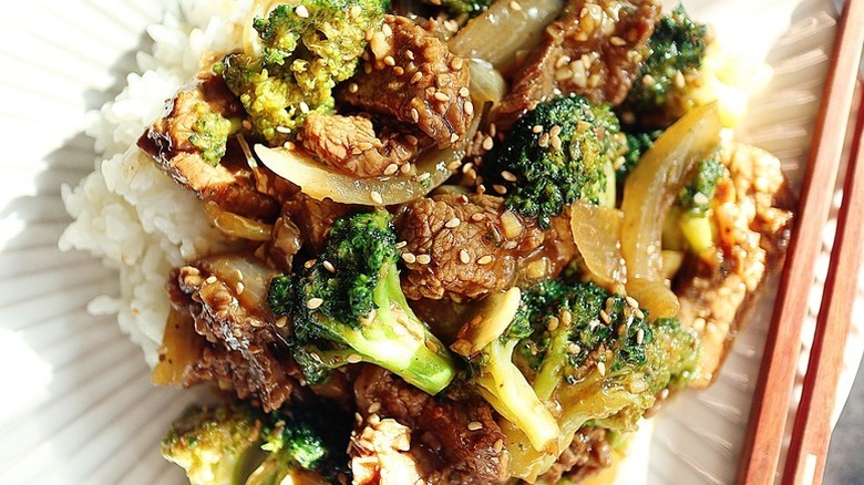 Close up of plate of beef and broccoli with rice