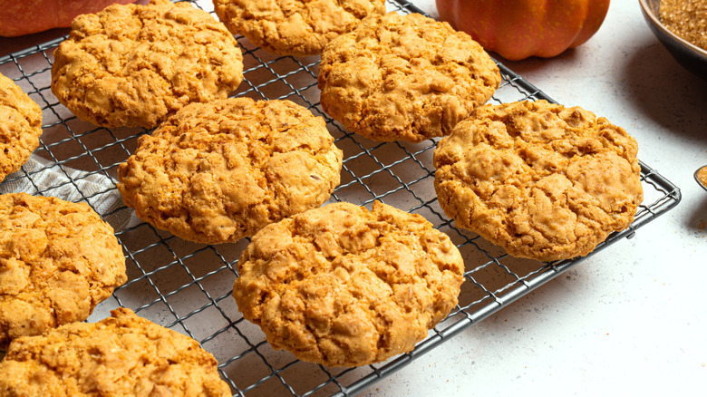 Pumpkin cookies on a wire cooling rack