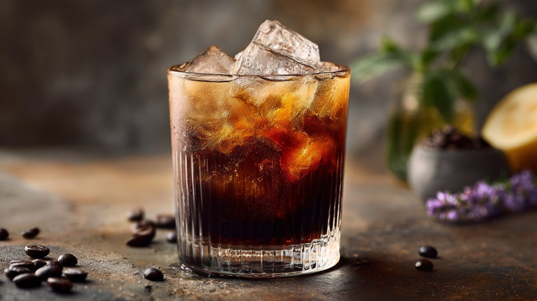 Glass of cold brew coffee with ice cubes on table surrounded by coffee beans