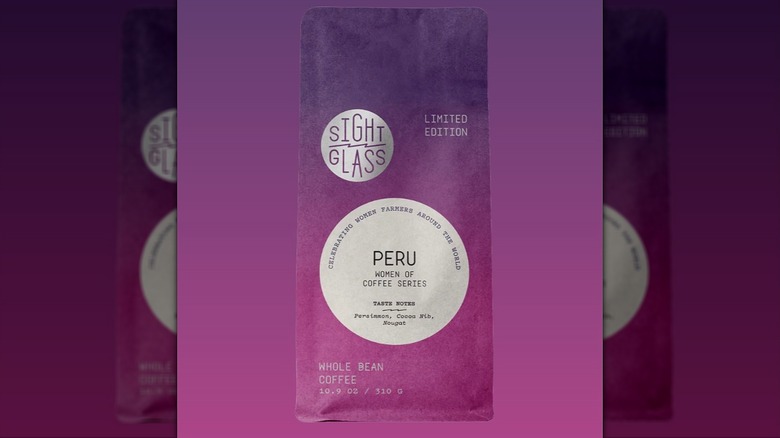 Purple bag of Sightglass Peru coffee on purple background