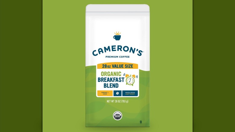 Bag of Cameron's Organic Breakfast Blend on a green background